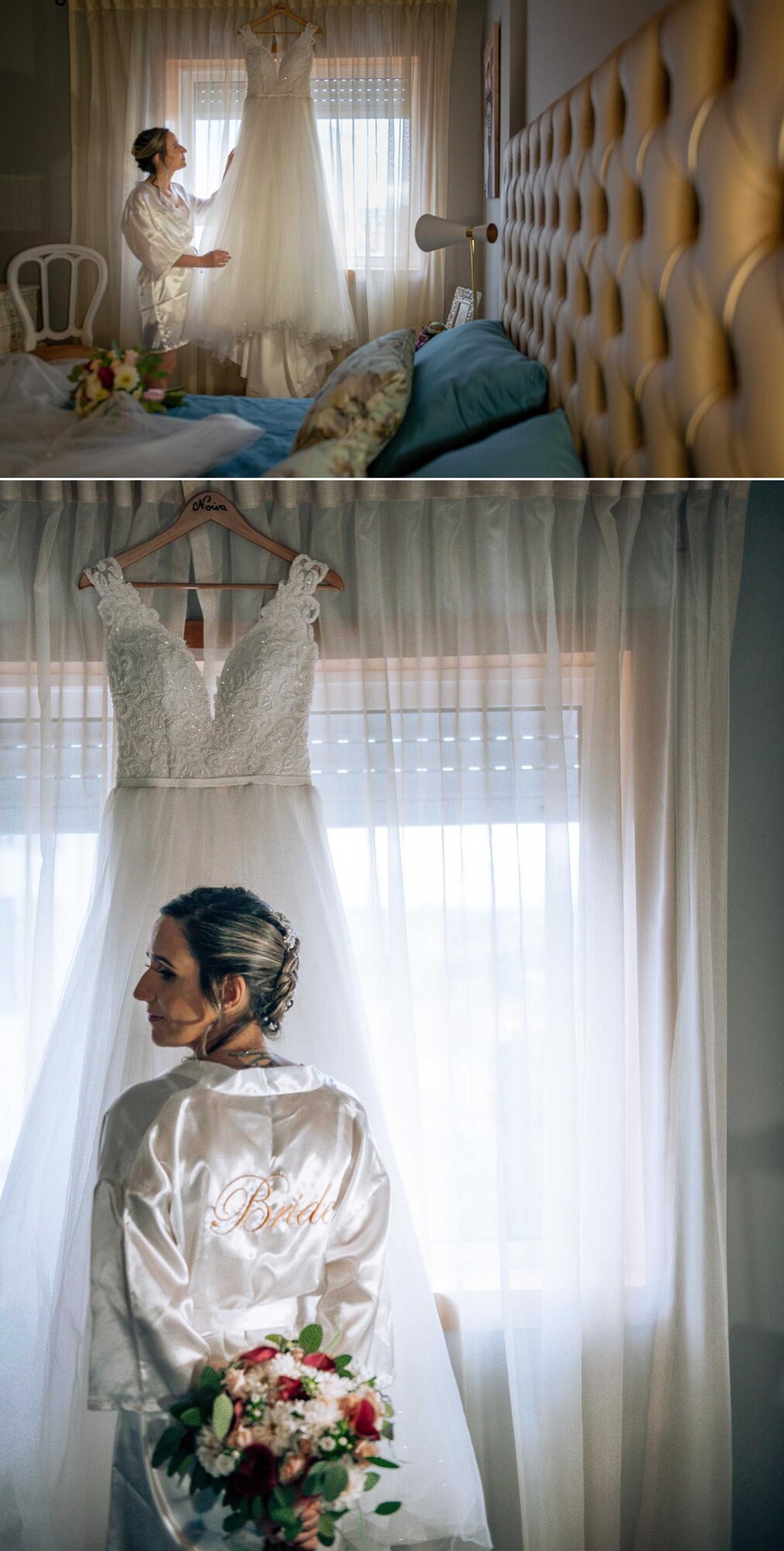 Noiva a segurar e a olhar para o vestido, Noiva a olhar para o lado e de frente para o vestido