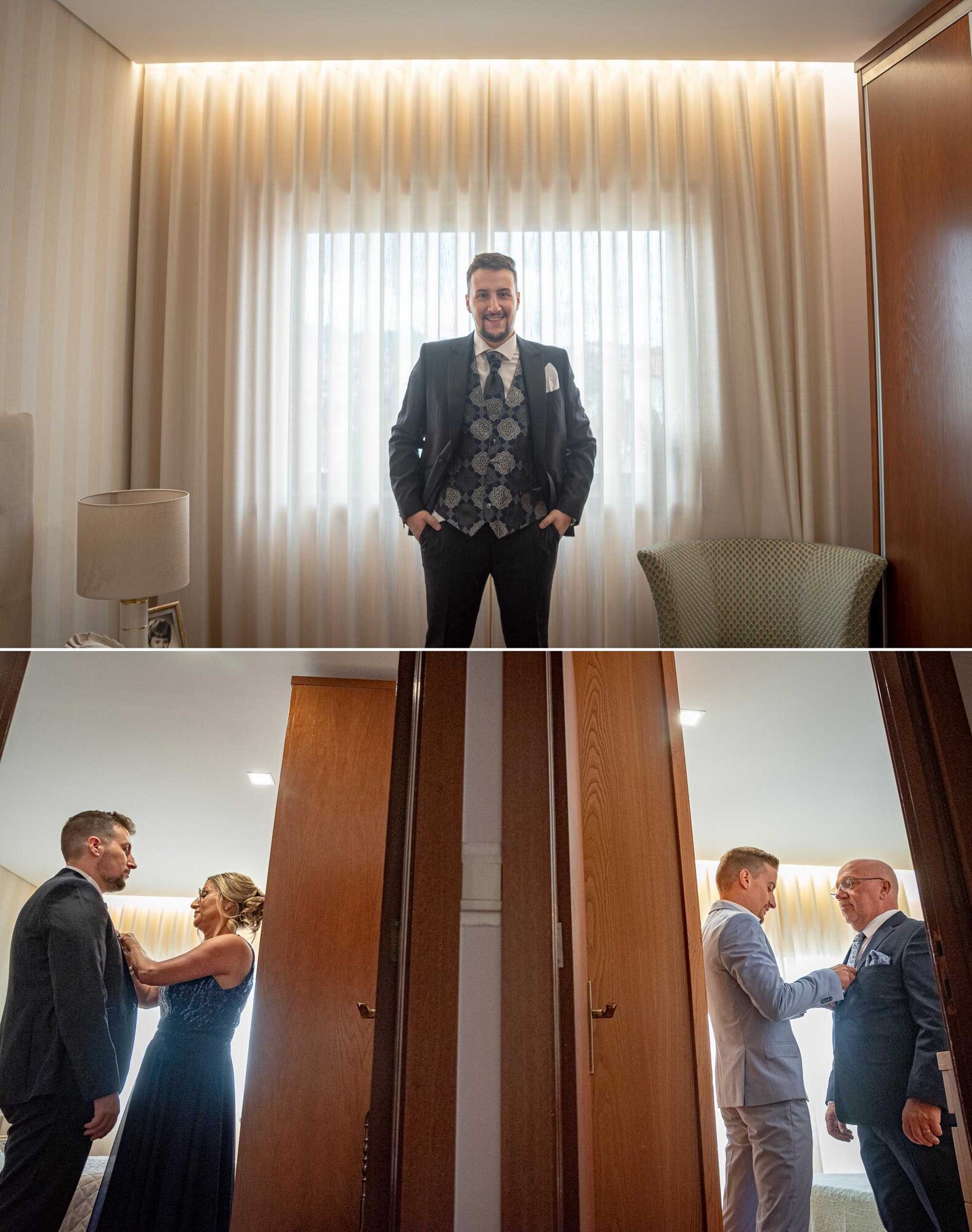 Noivo com o fato, Pais do Noivo a ajeitá-lo