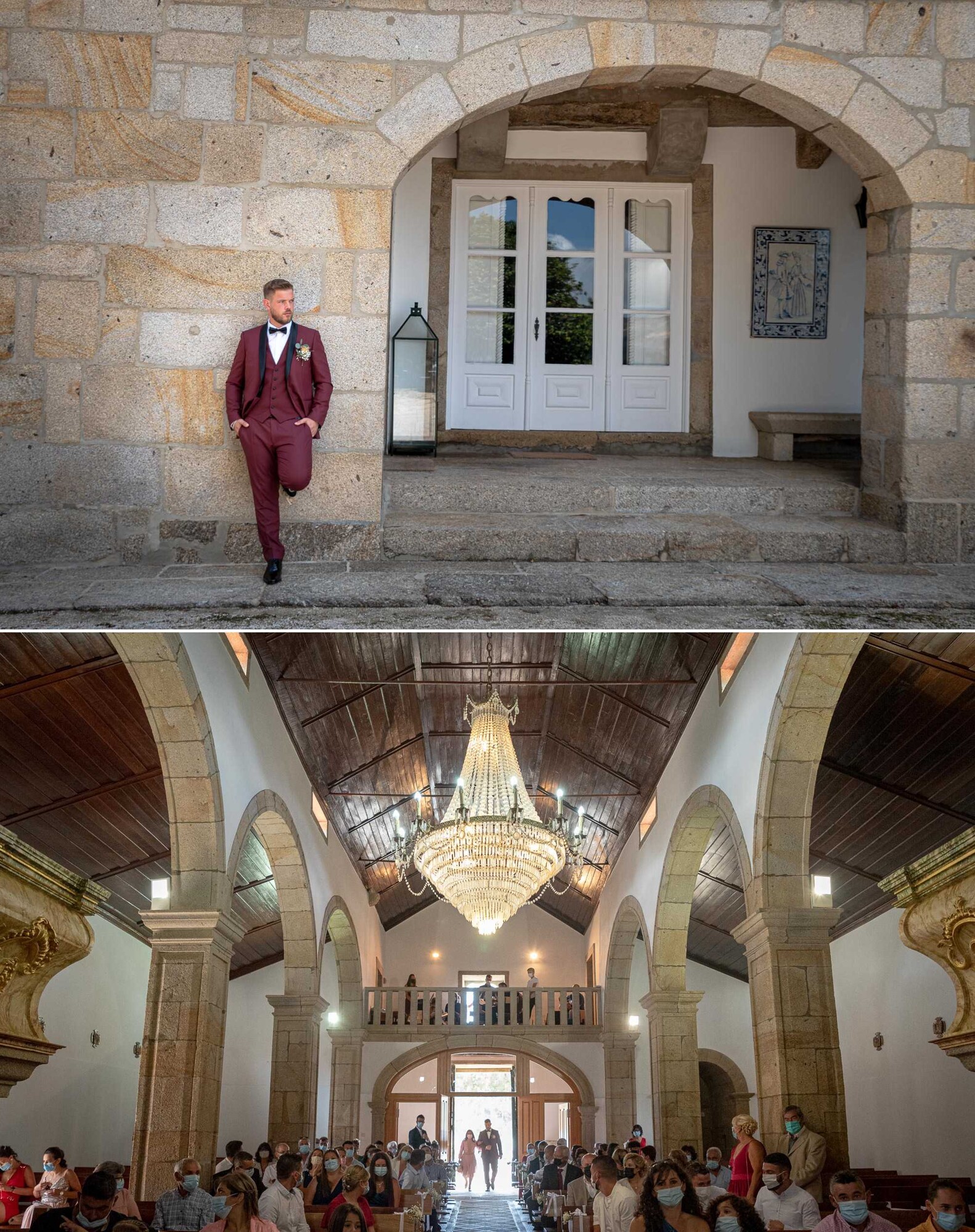 Noivo encostado na parede a fazer pose, Entrada da Noiva