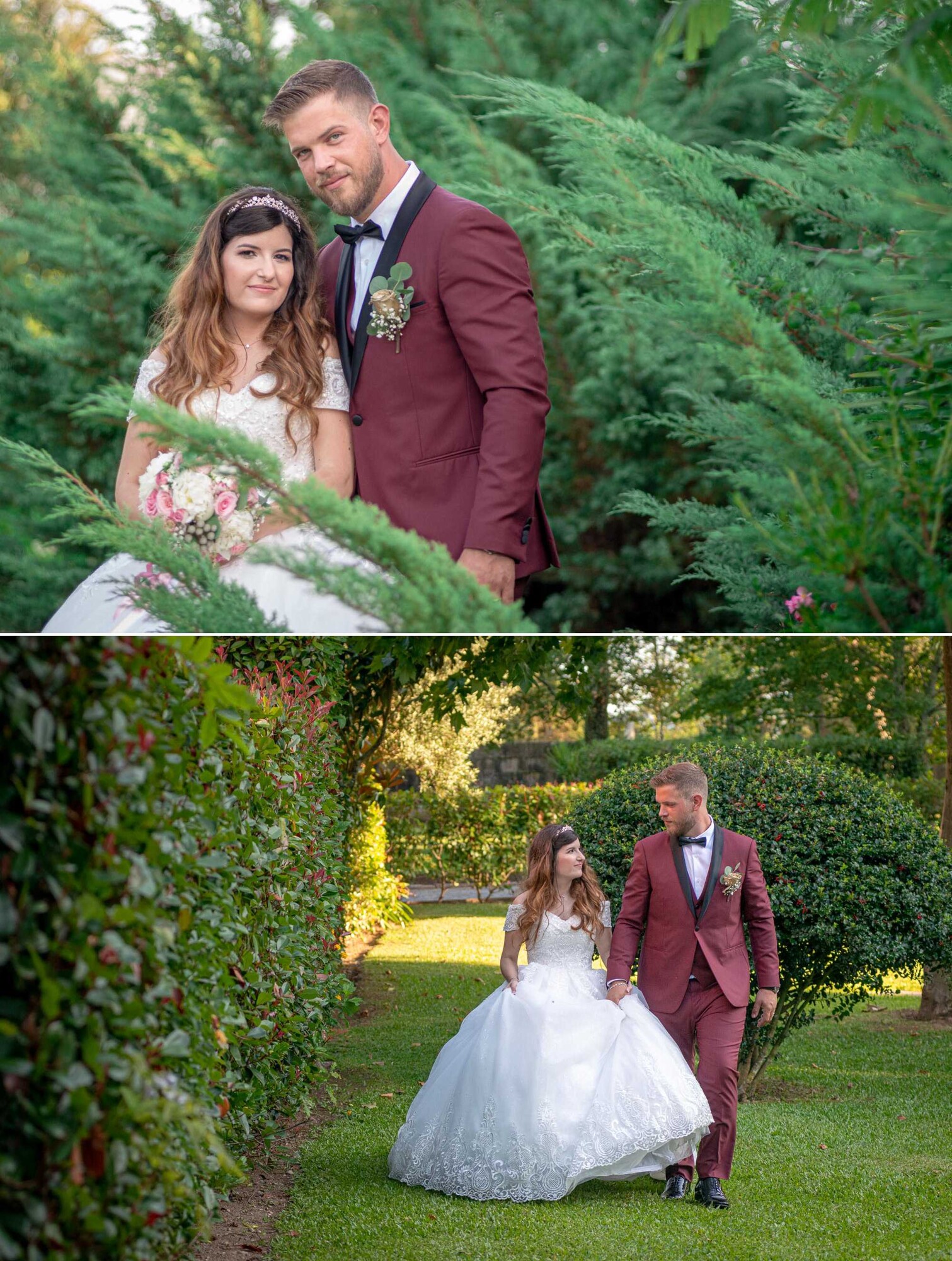 Casal a fazer pose a beira dos arbustos, Casal a caminhar pelo o jardim