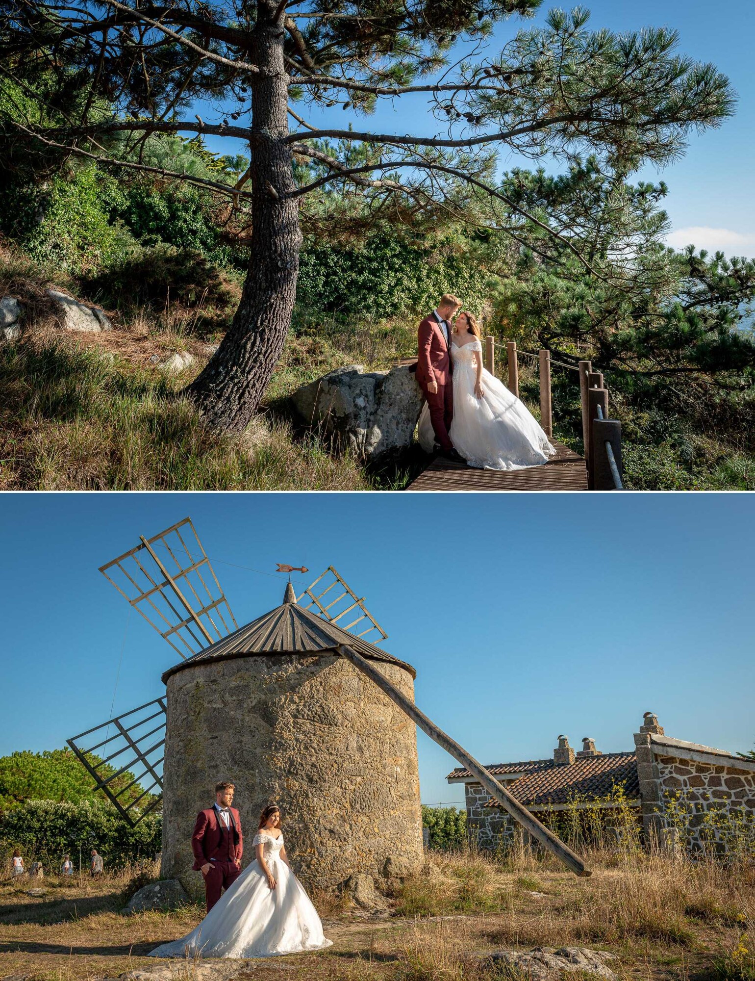 Pós Casamento :: Casal apoiados numa pedra na ponte, Casal a caminhar a beira do moinho