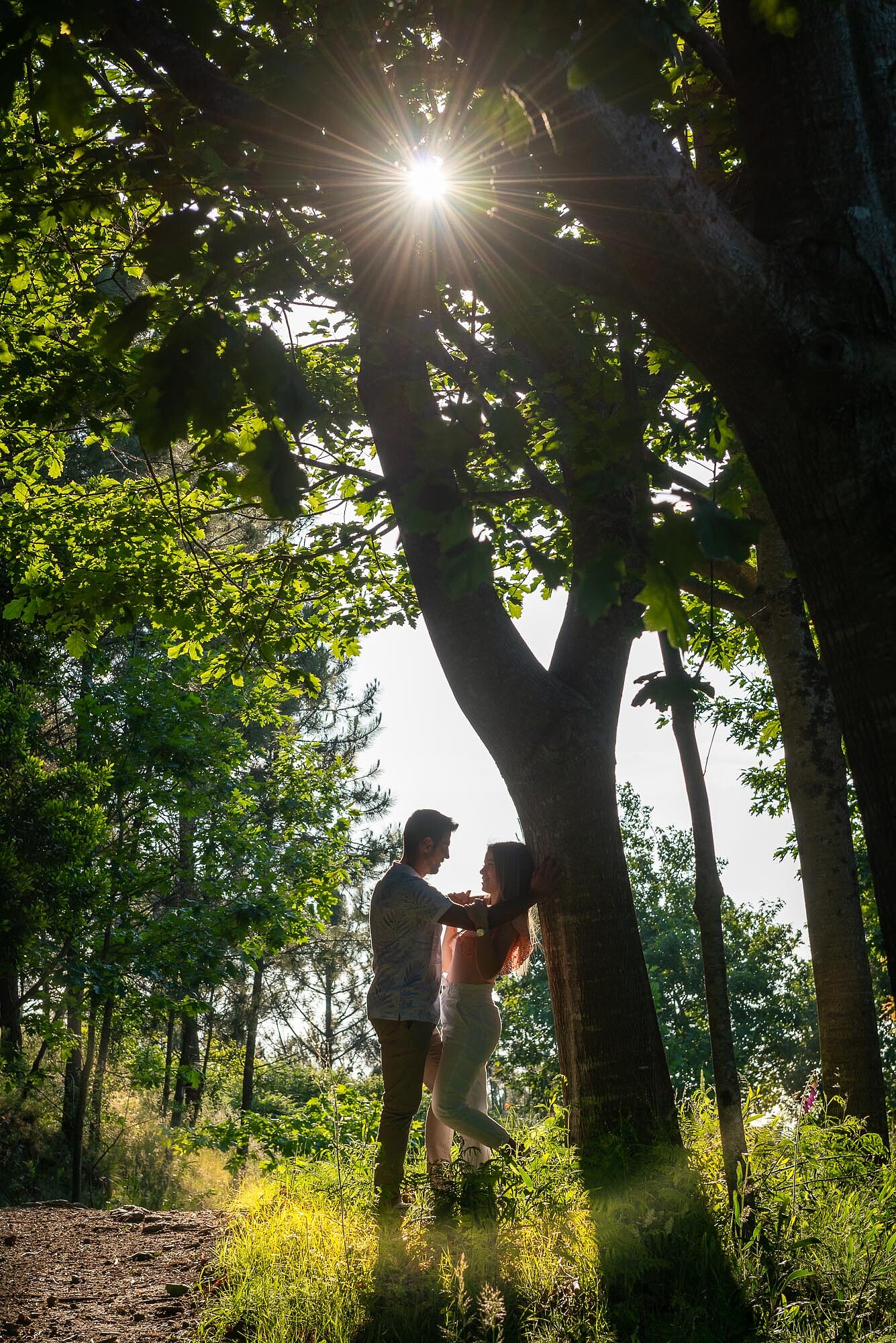 Casal a fazer pose numa árvore