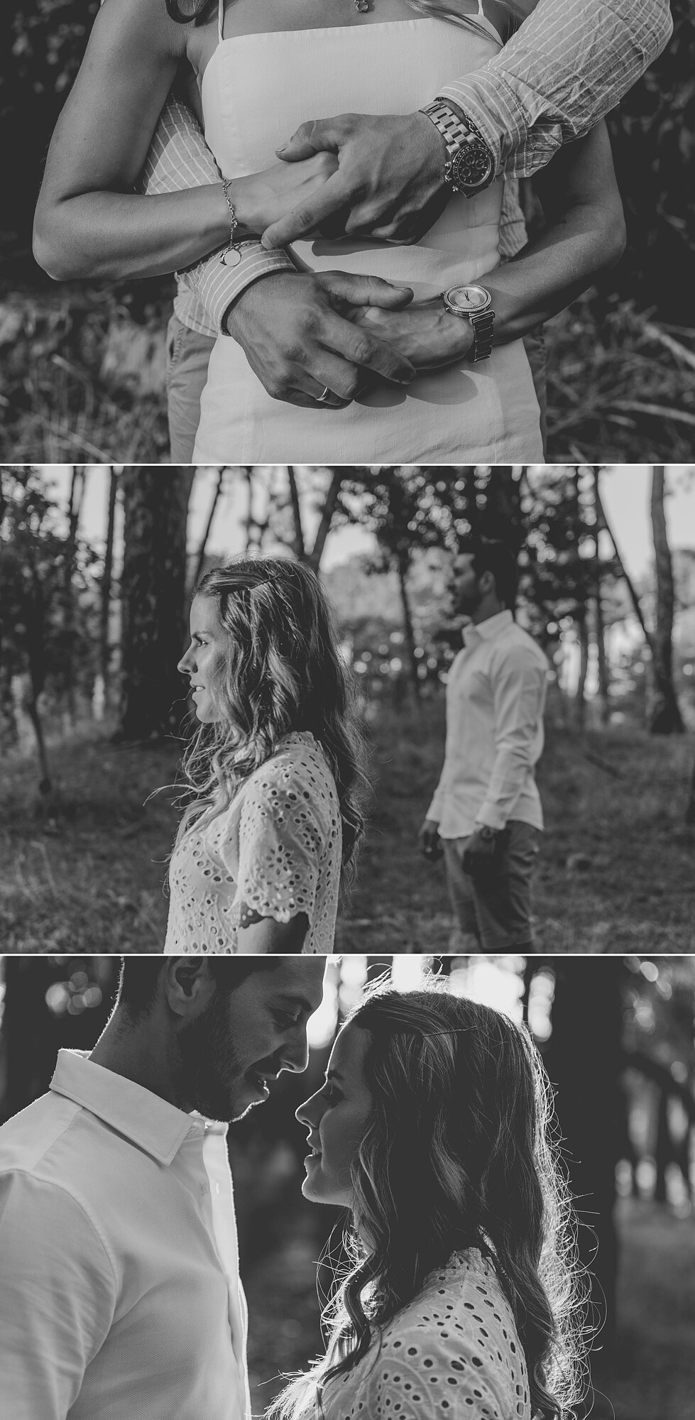 Montagem de 3 fotografias ::Pormenor do abraço do casal, Casal separado a olhar para a paisagem, close up do casal a olharem um para o outro