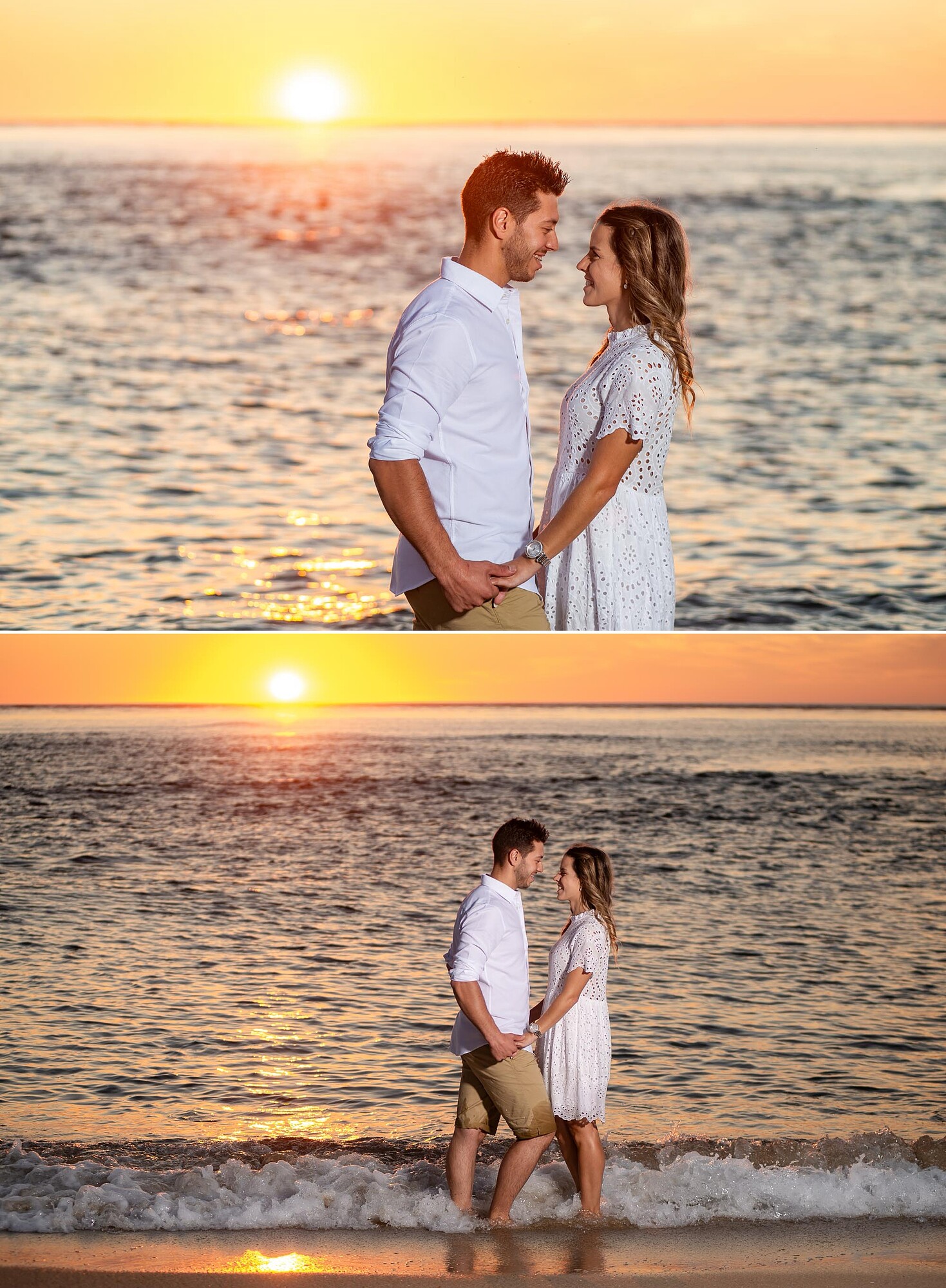 Montagem de 2 fotografias :: Casal de mãos dadas frente a frente um para o outro, Casal a molhar os pés