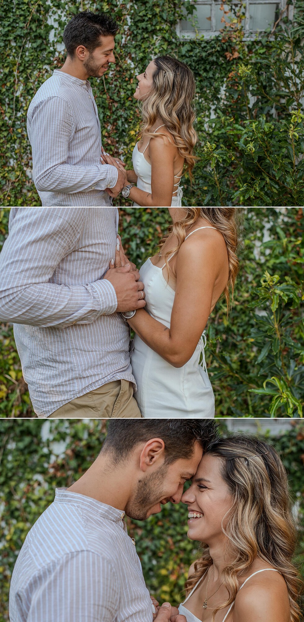 Montagem de 3 fotografias :: Casal a olhar um para o outro apaixonadamente enquanto dão as mãos, pormenor das mãos, pormenor dos rostos