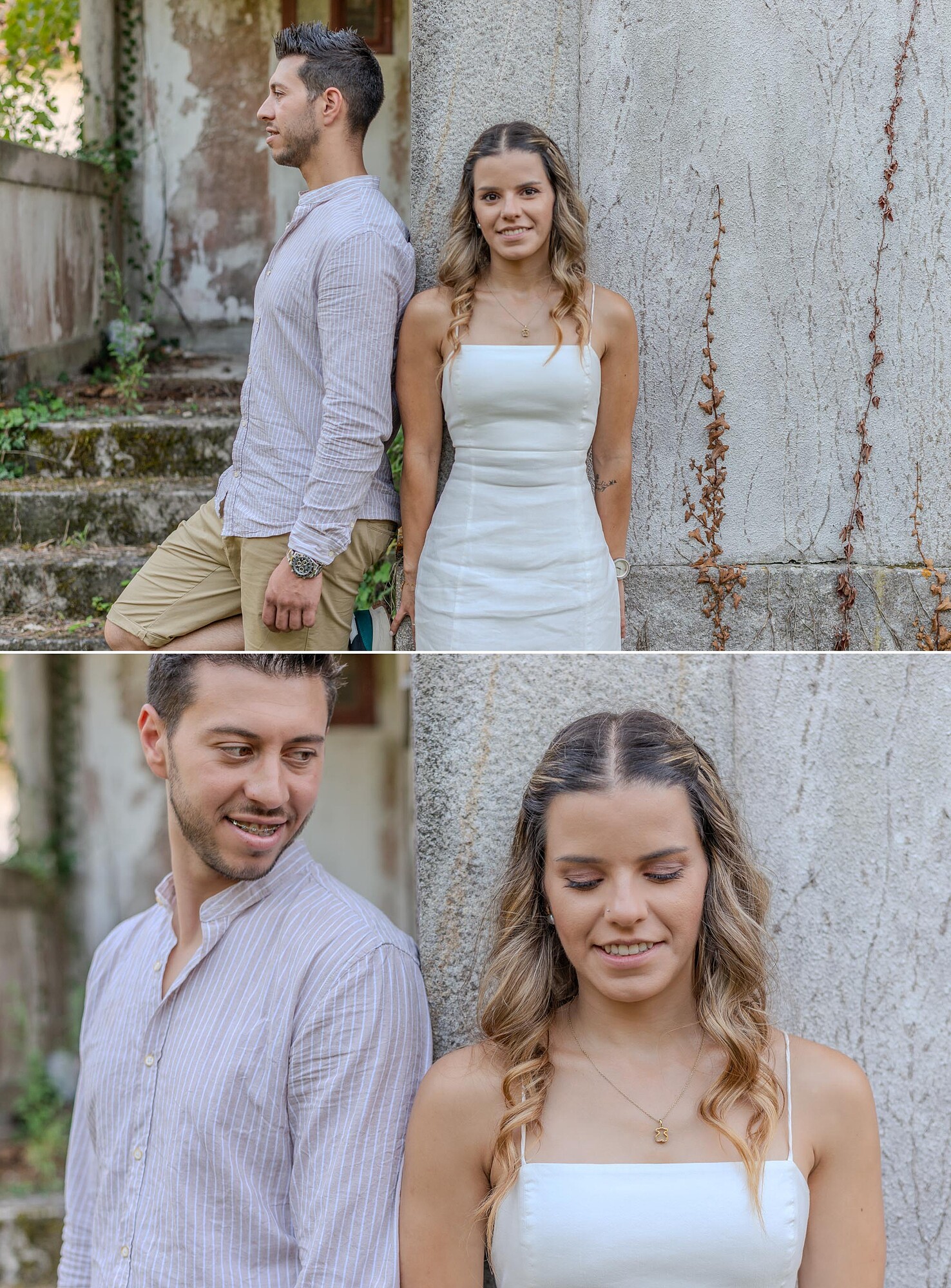 Montagem de 2 fotografias :: Casal encostado na parede, Homem a olhar para a namorada