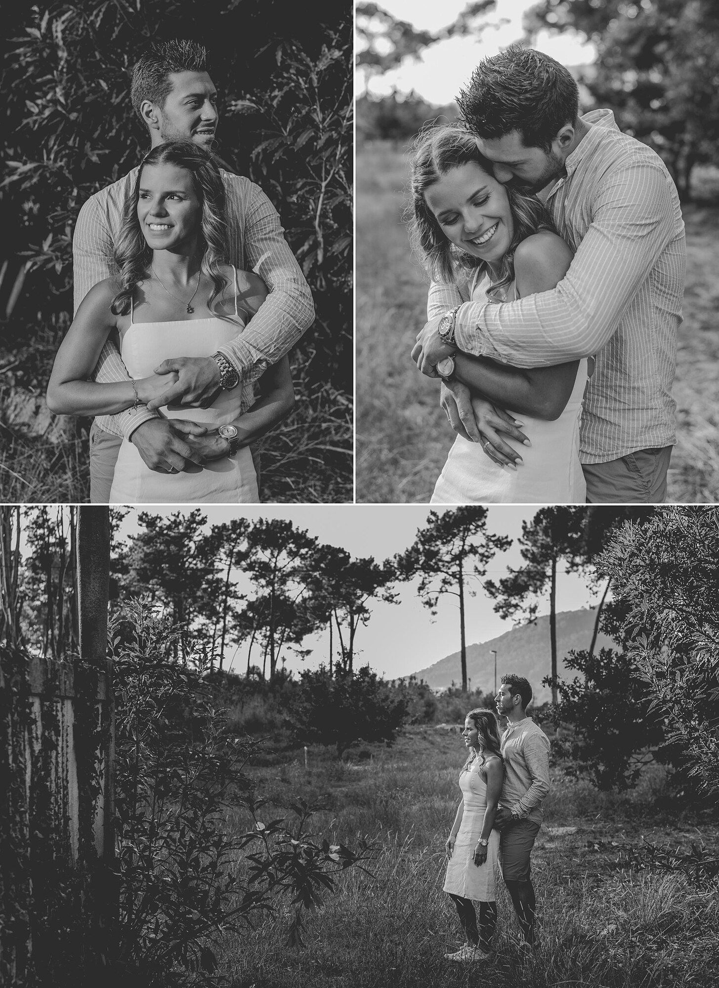 Montagem de 3 fotografias :: Casal a dar um abraço mas a olhar para lados opostos, Casal a rirem-se, Casal a olhar para a paigasem