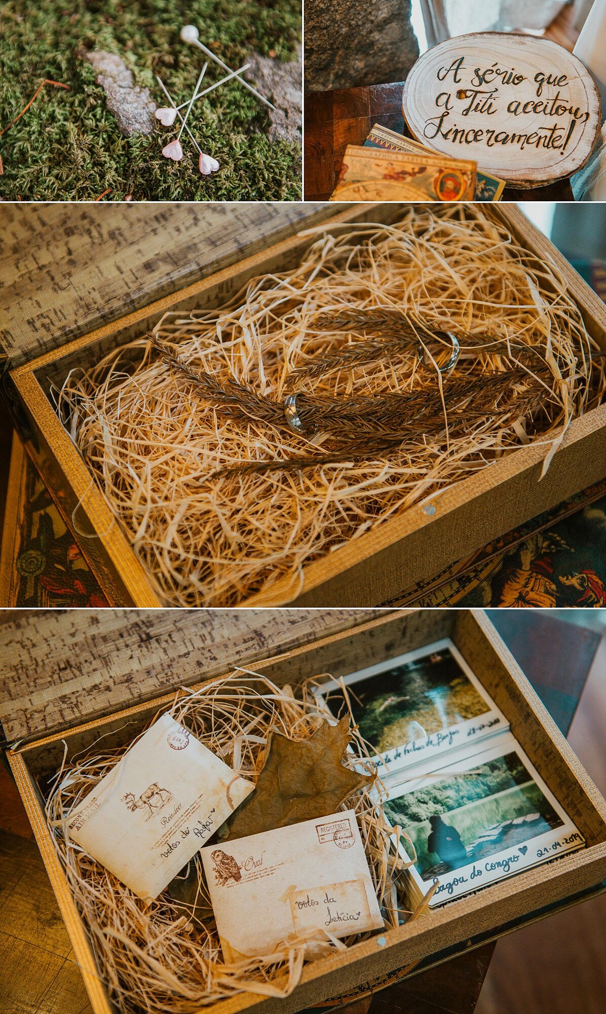 Alianças de casamento e carta de votos dos noivos