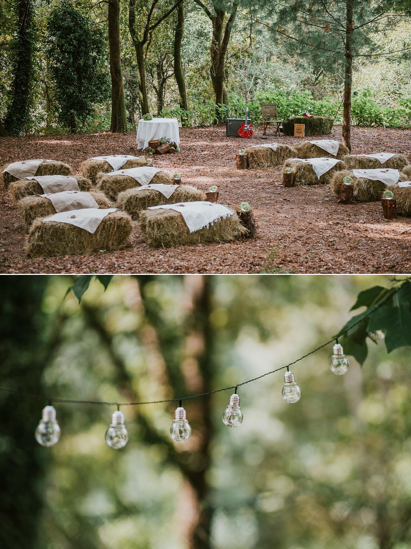 Fardos de pallha usados para sentar no casamento e lampadas para iluminação