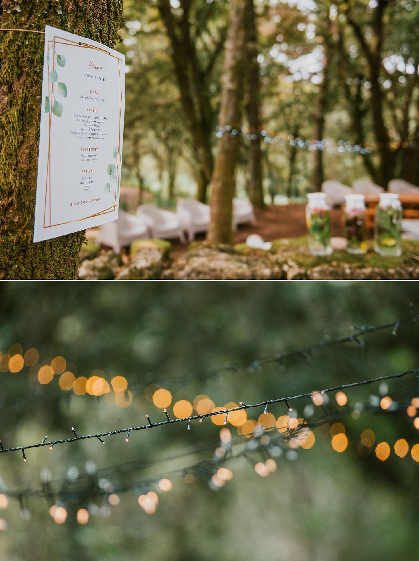 menu do casamento colocado na arvore e iluminação do local da cerimónia