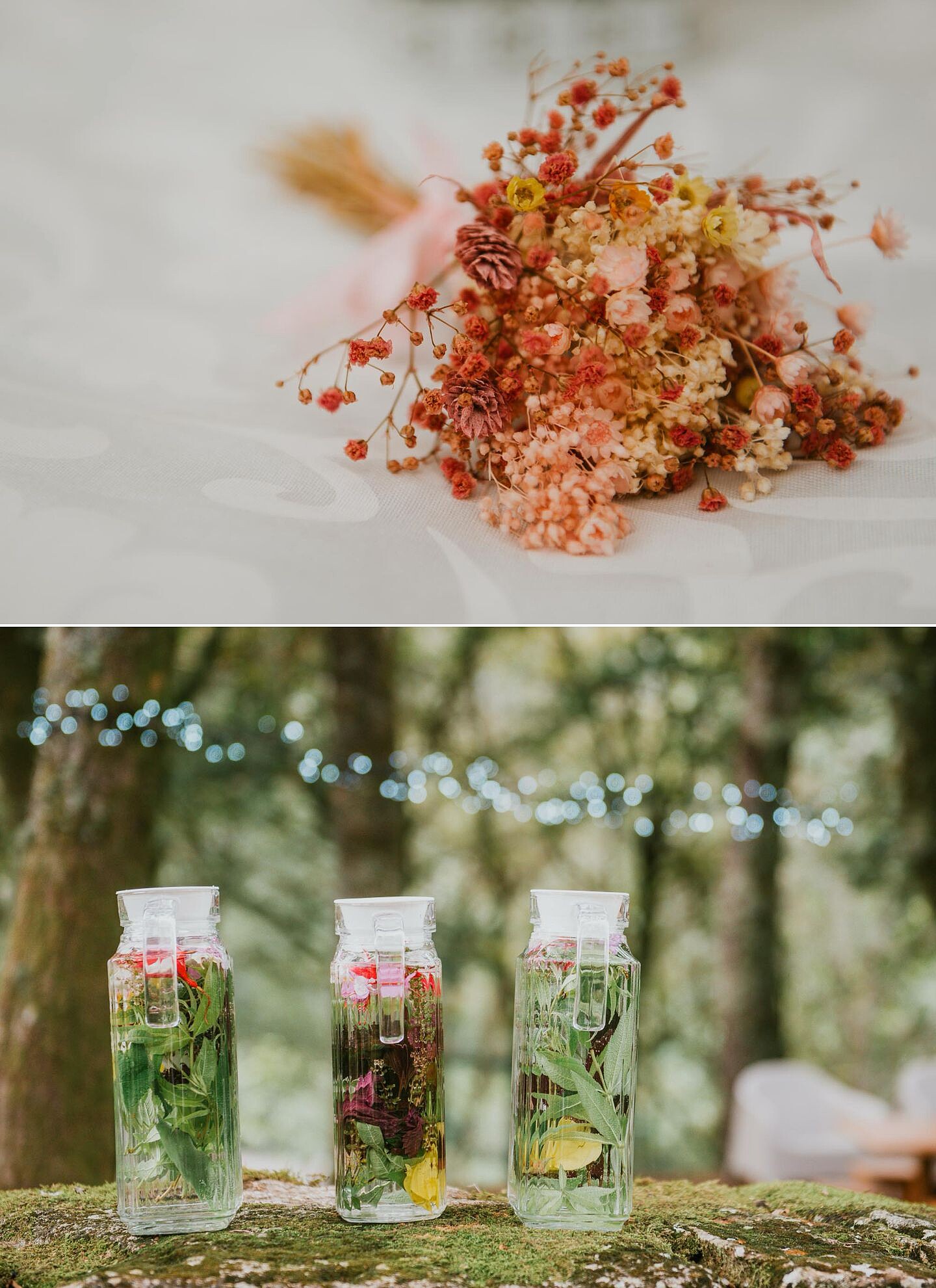 Ramos flores secas e jarras de agua com flores