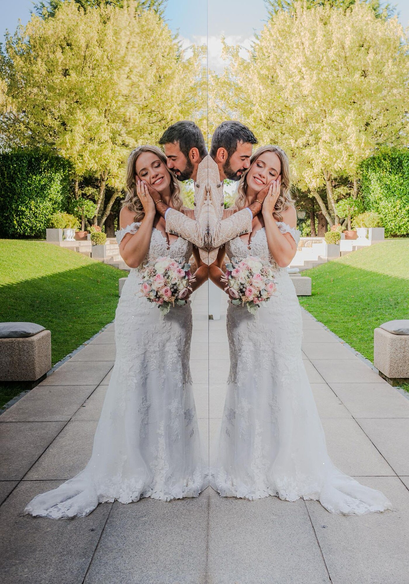 imagem espelhada dos noivos na quinta de santo andré em aldreu