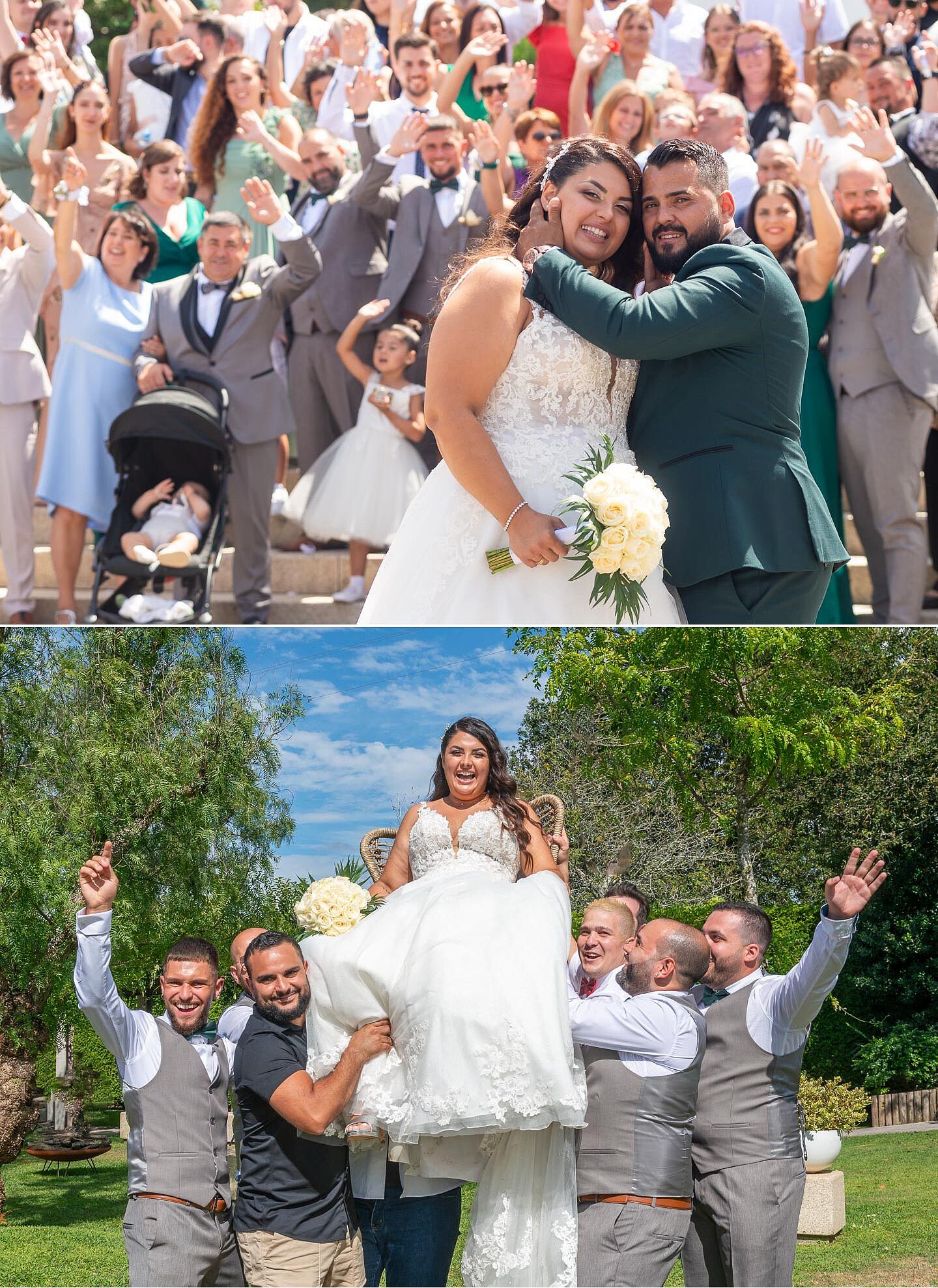 Casal com os convidados, Padrinhos a segurar na Noiva