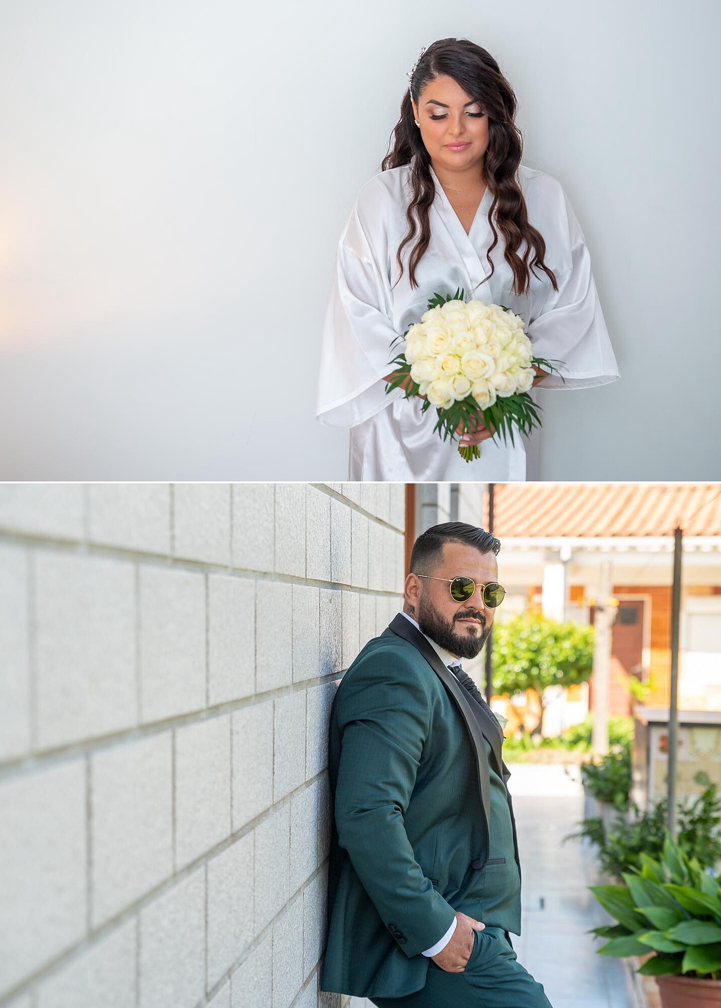 Noiva encostada na parede a segurar no buque, Noivo de óculos de sol encostado na parede