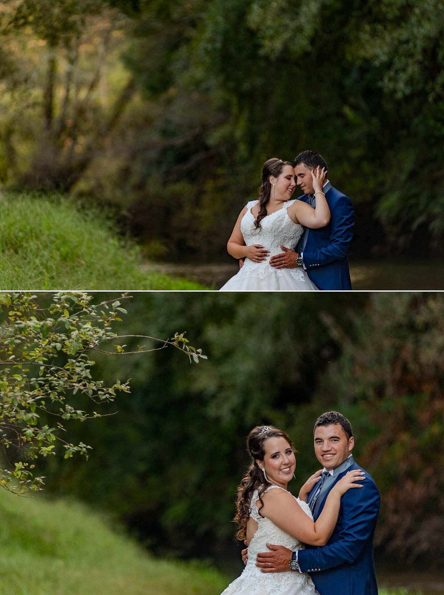 Casal com a cabeça encostada uma na outra, Mulher com as mãos nos ombros do Esposo enquanto ele está com as mãos na cintura dela a olharem para a camera