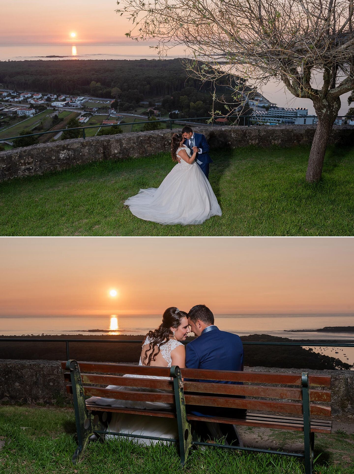 Casal a dançar, Casal sentado no banco de jardim a sorrirem um para o outro