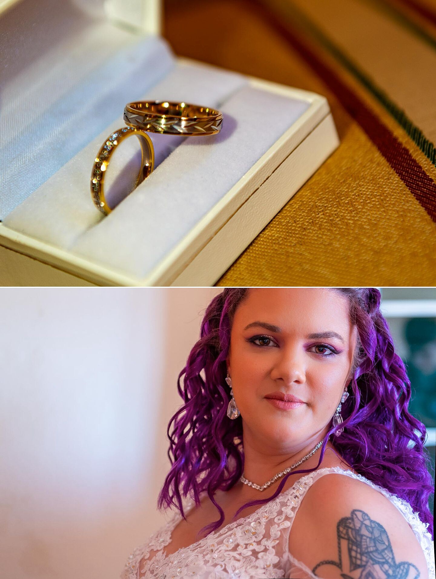 Alianças dos noivos e noiva de cabelo lilas