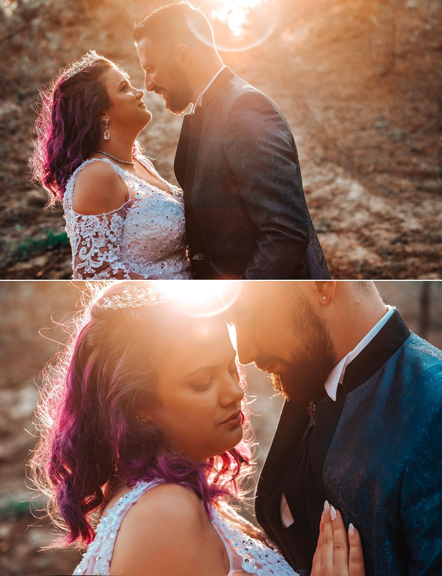 Noivos com luz dourada sobre as cabeças