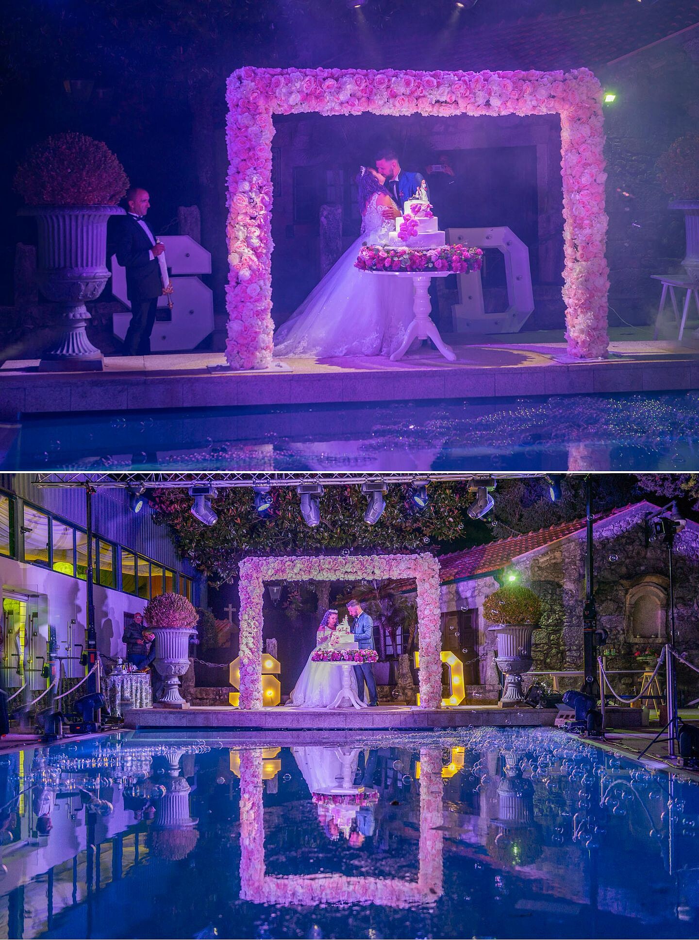 Noivos no corte do bolo na quinta do cruzeiro