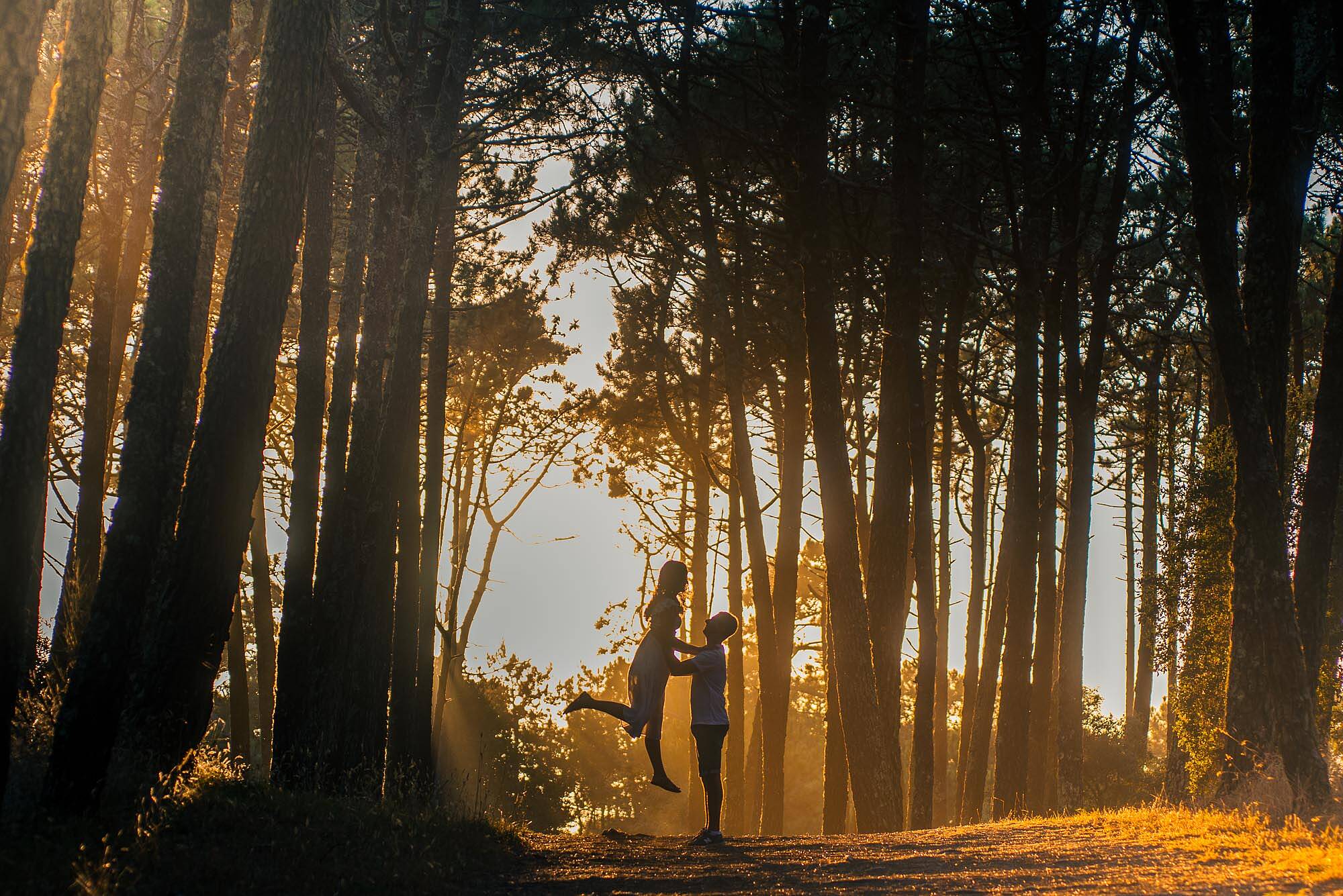 silhueta de namorado a levantar namorada ao ar na floresta