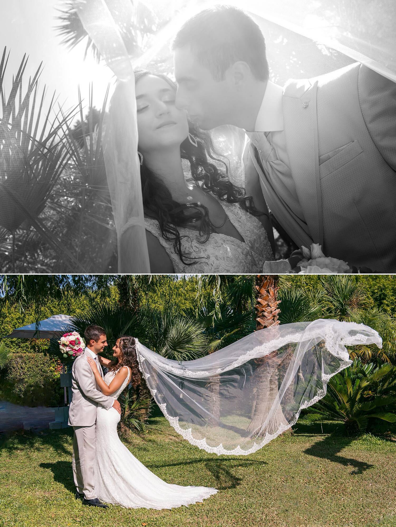 Casal dentro do véu, Véu da Noiva a voar enquanto o casal olha-se apaixonadamente um para o outro