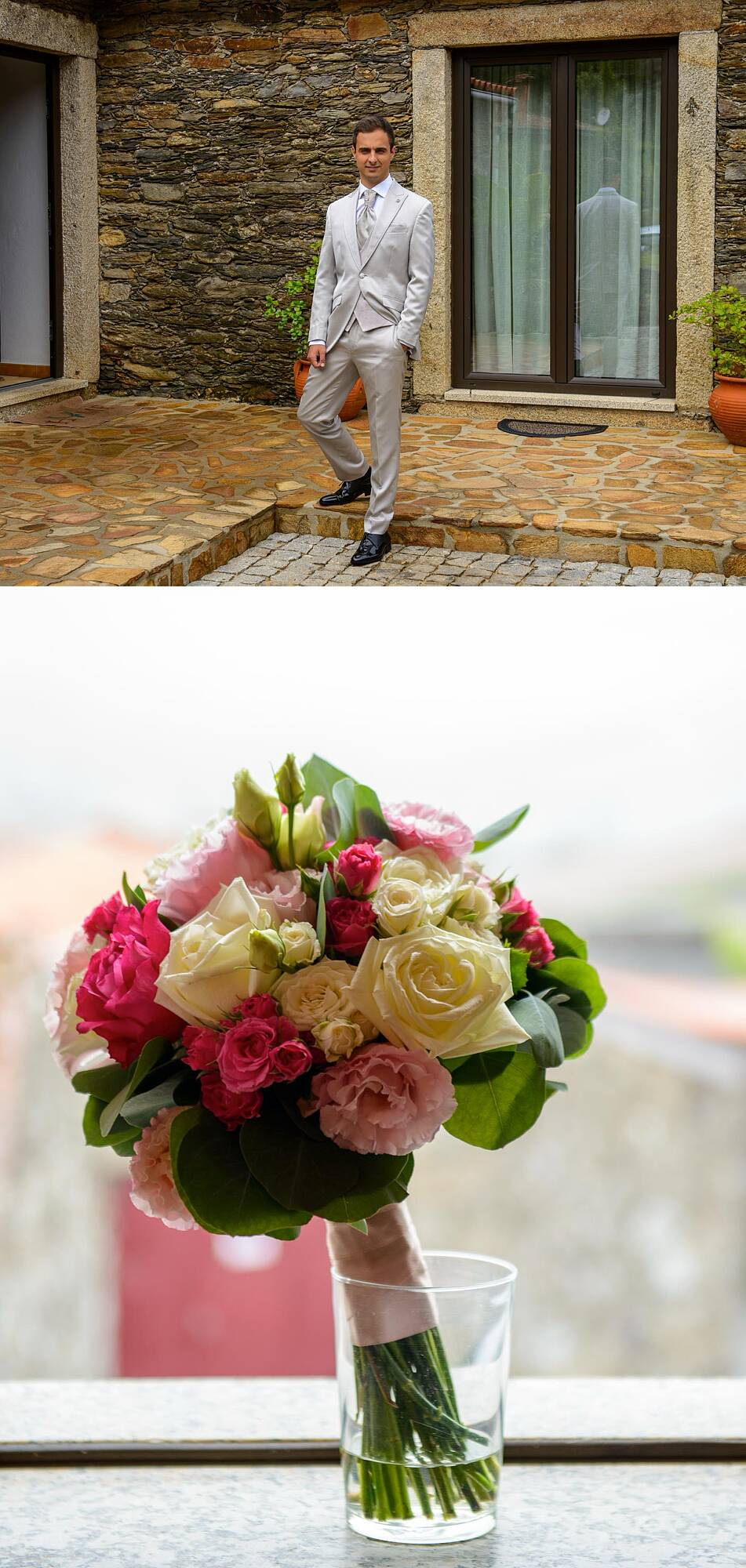 Noivo a fazer pose a beira da porta de casa, buque de flores da Noiva