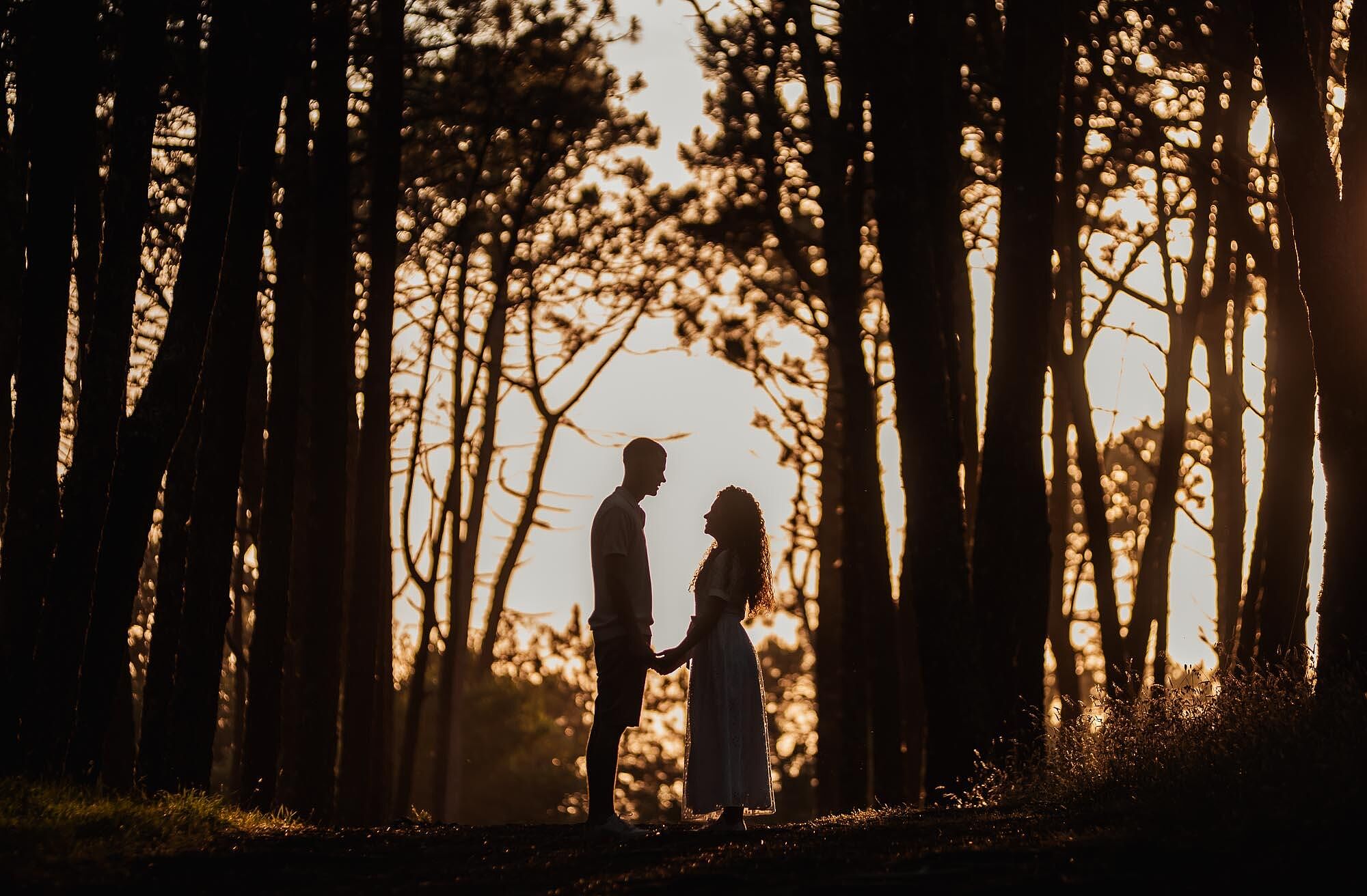 silhueta de casal de maos dadas ao pôr do sol entre arvores