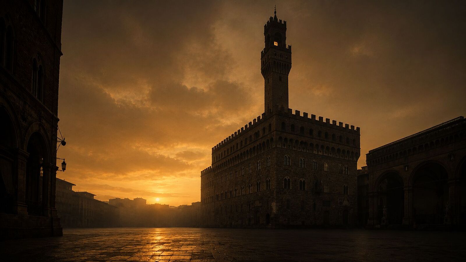 Silueta de una torre medieval florentina contra un cielo ámbar al atardecer, con una plaza de piedra vacía en primer término
