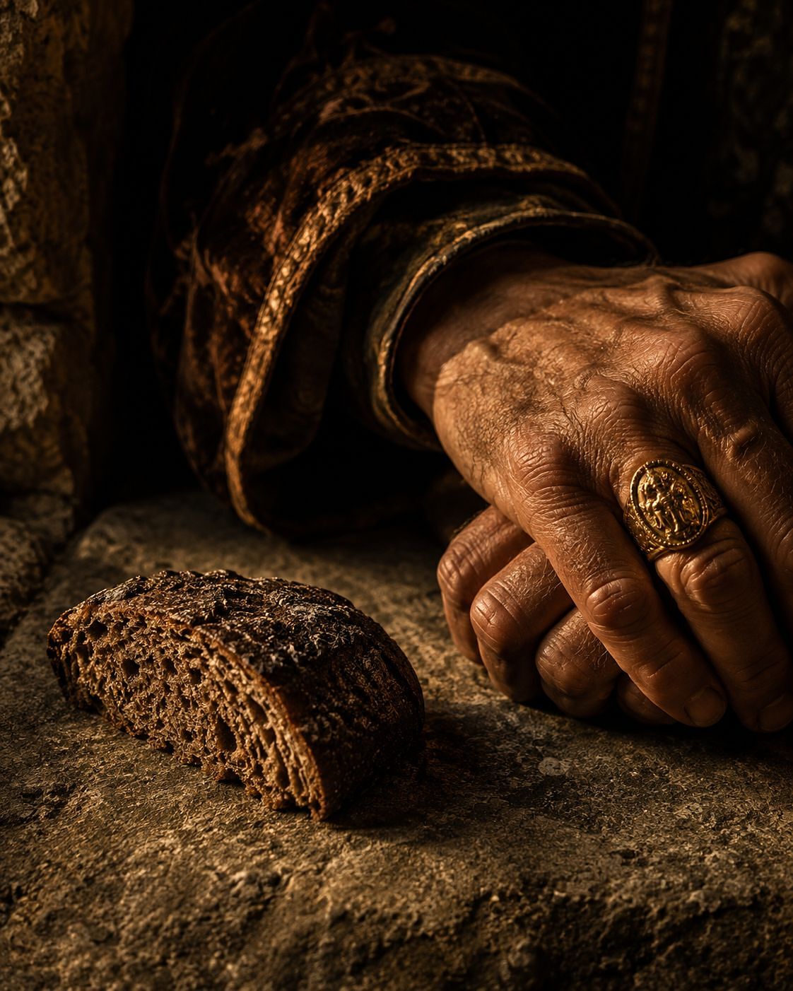 Primer plano de un trozo de pan intacto sobre piedra junto a las manos de un hombre con anillo de sello dorado, a la luz de una vela