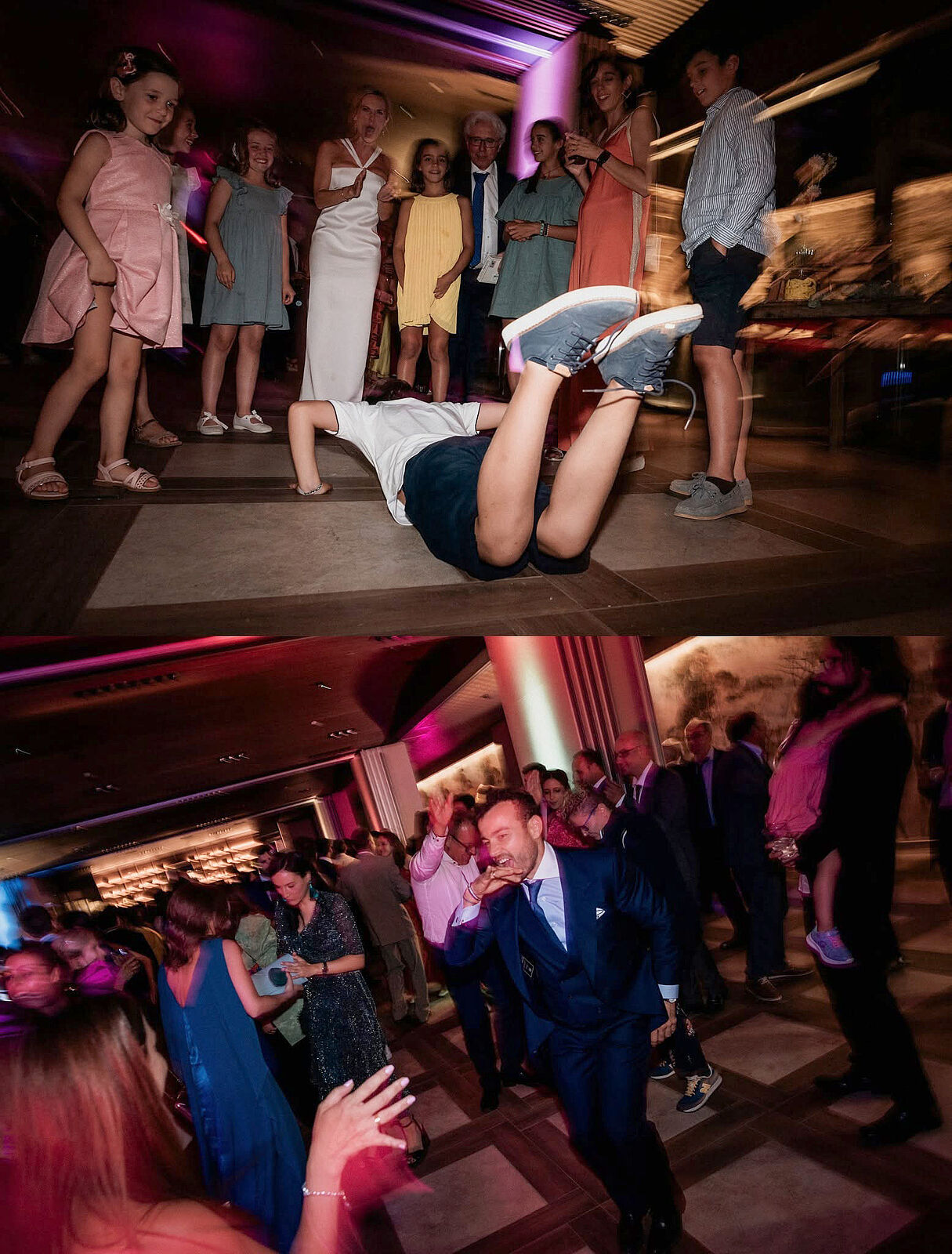 Un niño tumbado en la pista de baile mientras los invitados disfrutan de la fiesta de la boda.