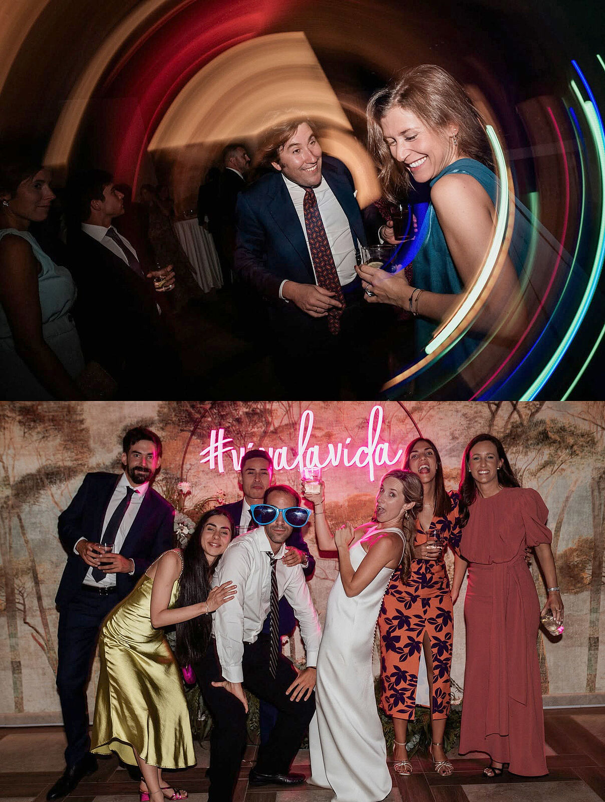Invitados bailando entre luces y movimiento durante la fiesta de la boda de Andrea y Jesús.