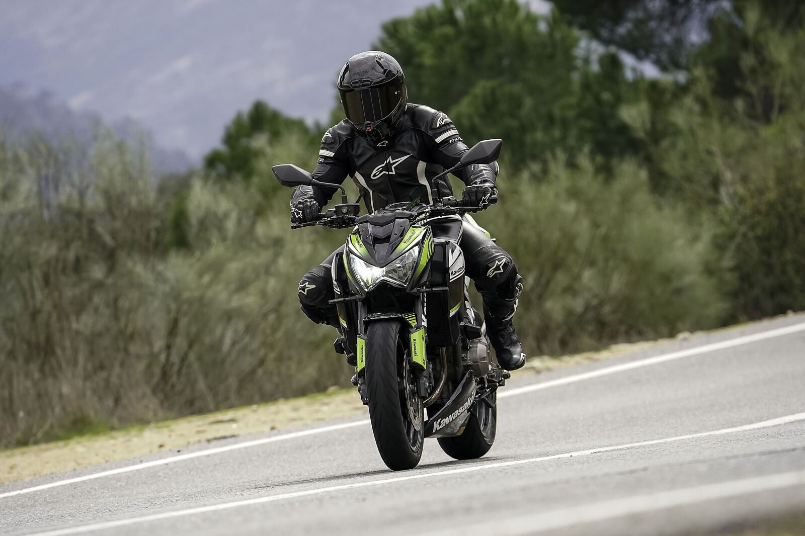 Un motociclista con traje de cuero negro Alpinestars y casco integral oscuro conduce una Kawasaki Z900 verde y negra por una carretera de curvas con vegetación al fondo.
