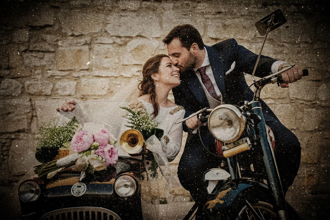 Boda Motera en Carretera de Tierra Primer plano de una pareja de novios en motocicletas de estilo custom besándose en una carretera de tierra con un cielo gris y nublado. El novio lleva un traje negro y la novia un vestido de novia blanco, ambos inclinados sobre sus respectivas motos. La foto tiene un efecto grunge y una textura de envejecimiento.