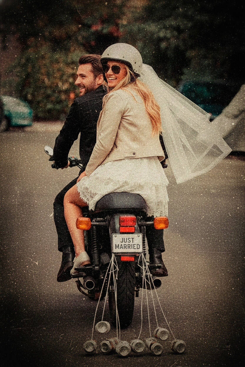Boda Motera Romántica Una pareja de novios se besa apasionadamente entre dos motocicletas de estilo clásico en una carretera rural con un cielo nublado y un filtro de textura grunge. La novia lleva un vestido blanco de encaje y el novio una chaqueta de cuero negra.
