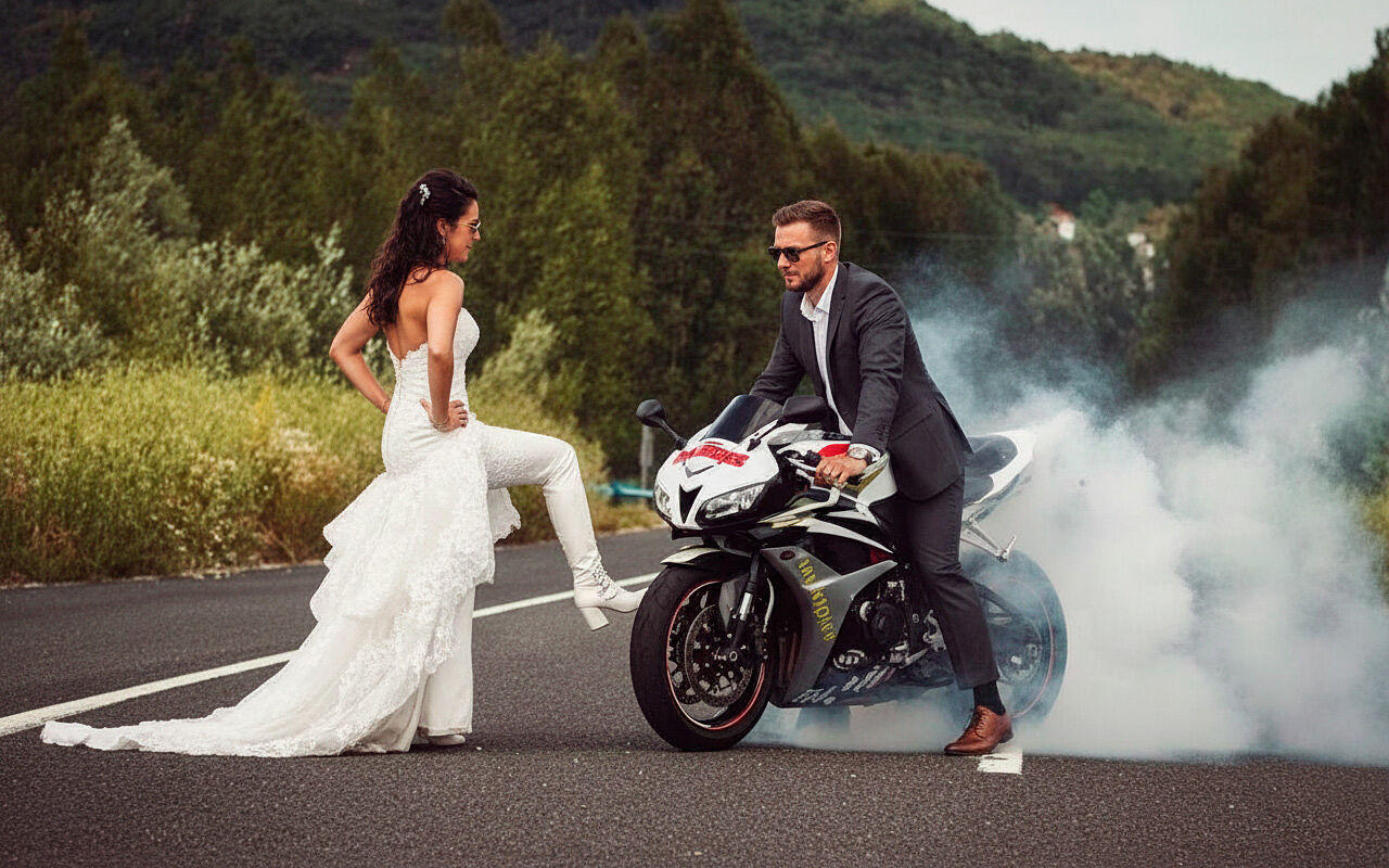 Novios Moteros con Derrape Una pareja de novios posa de forma dinámica en una carretera al aire libre. La novia, con un vestido de novia de encaje blanco sin tirantes, tiene un pie en la motocicleta deportiva negra y blanca. El novio, con un traje gris oscuro y gafas de sol, está montado en la moto, que está generando humo (un derrape o "burnout"). El fondo es un paisaje boscoso.