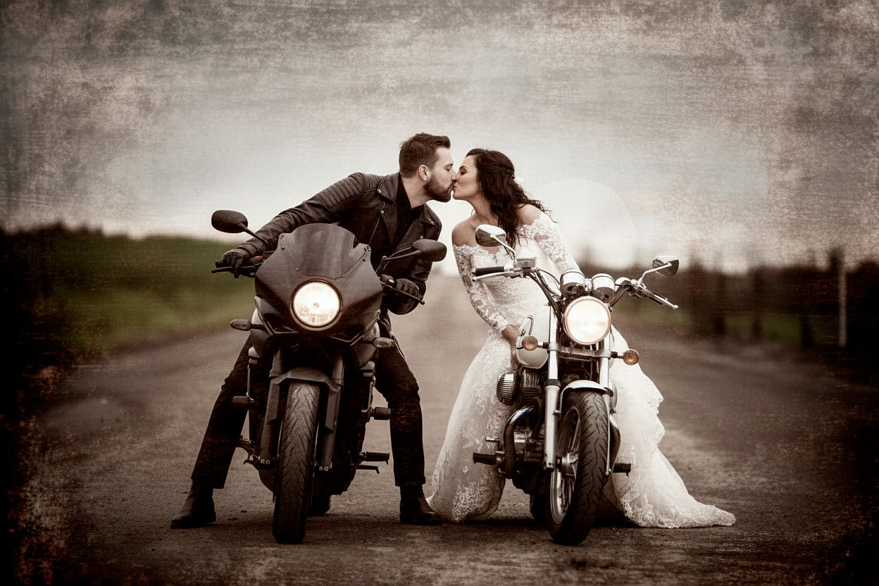 Boda Motera Romántica Una pareja de novios se besa apasionadamente entre dos motocicletas de estilo clásico en una carretera rural con un cielo nublado y un filtro de textura grunge. La novia lleva un vestido blanco de encaje y el novio una chaqueta de cuero negra.