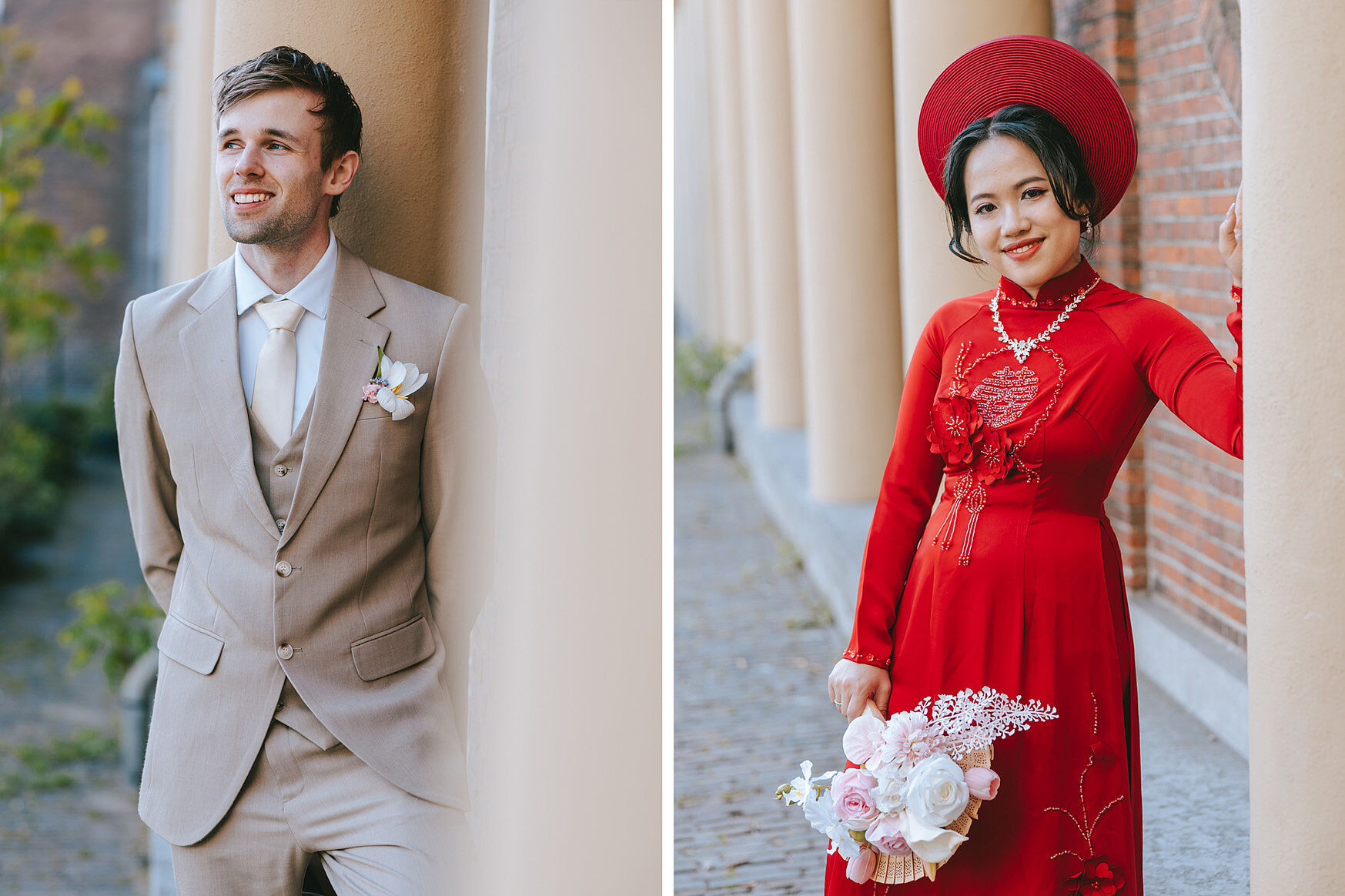 Bride in a red &aacute;o d&agrave;i and groom in an elegant brown suit