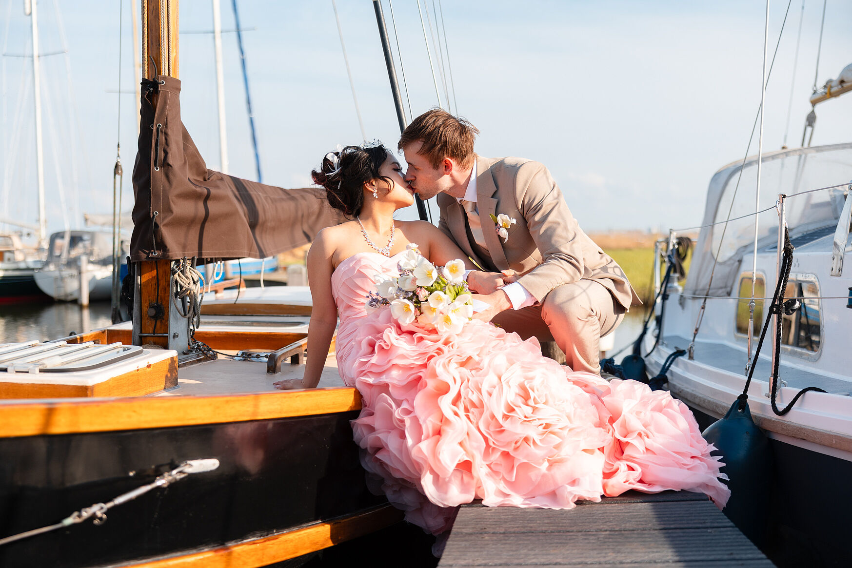 Engagement photo shoot on a boat travelling through the canals.