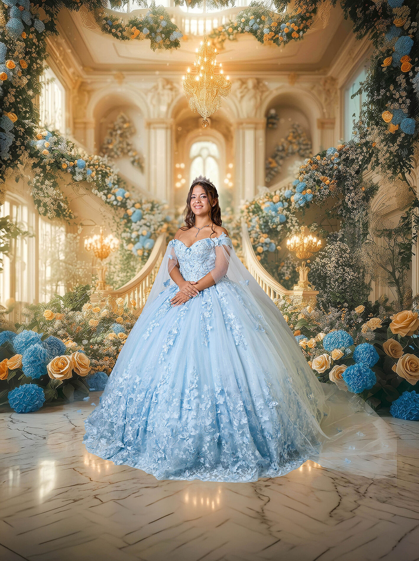 Sesión de fotos de quinceañera con vestido azul en estudio fotográfico de Almería